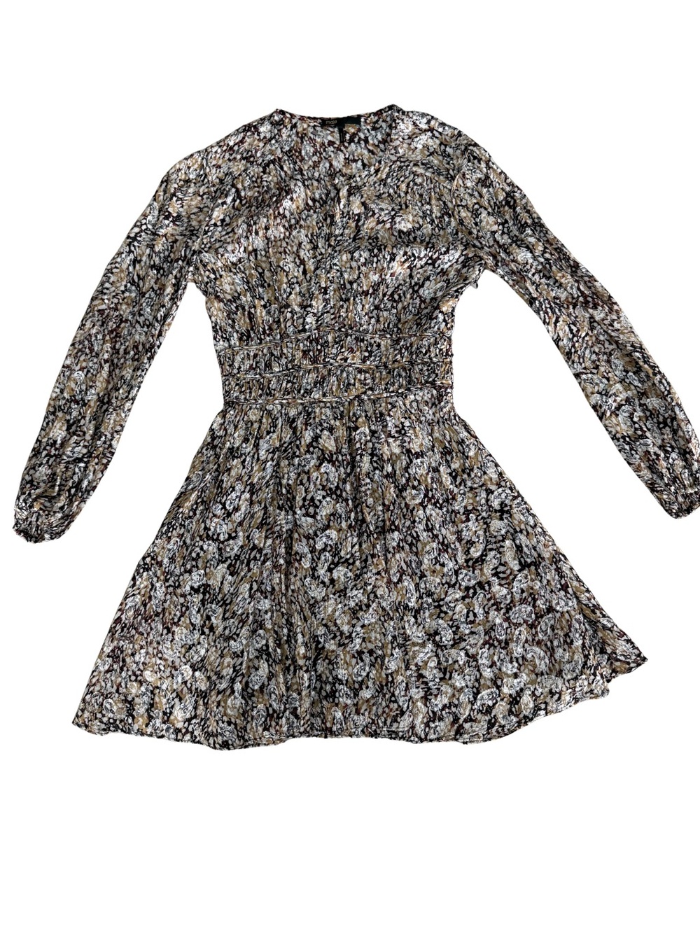 Maje Brown and Cream Floral Smocked-Waist Long-Sleeve Mini Dress - Picture 2 of 8
